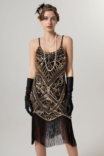 Abito Flapper con paillettes dorate nero 1920s con tasles